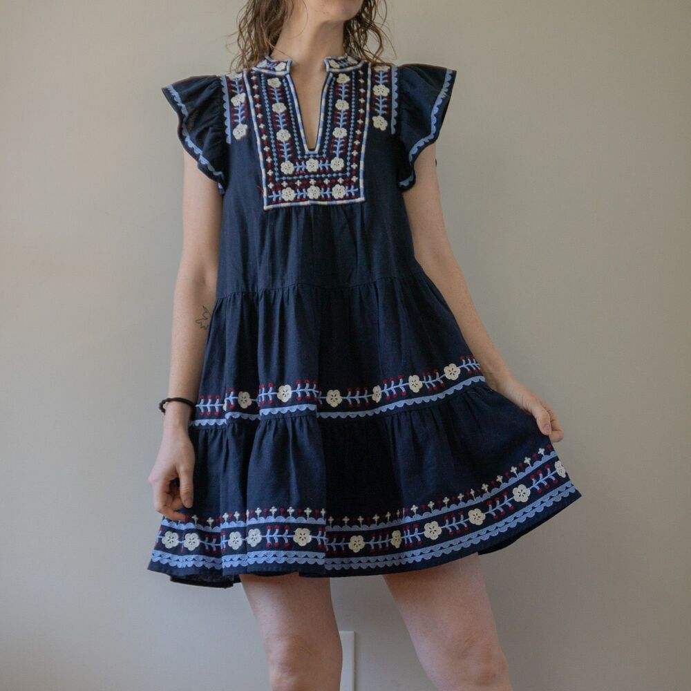 Navy Blue SEA Embroidered Ruffle Summer Shaina Flutter Fourth of July Mini Dress - Picture 1 of 10